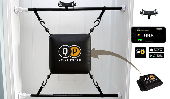 Quiet Punch doorway punching bag system with built-in punch tracker for interactive workouts