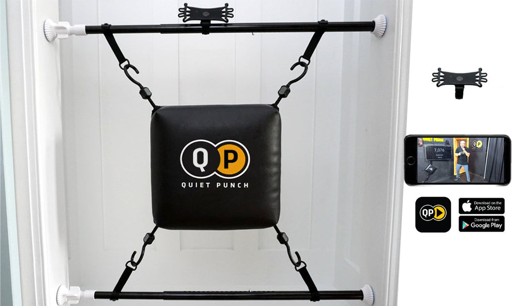 Quiet Punch doorway punching bag system without tracker shown in doorway for home fitness