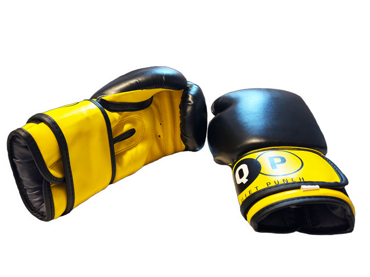 Quiet Punch weighted boxing gloves showing ergonomic design and padded wrist support.